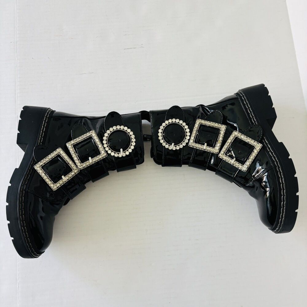 River Island Combat Boots Womens Size 7 Black Biker Crystal Buckle Straps Grunge - Picture 10 of 13